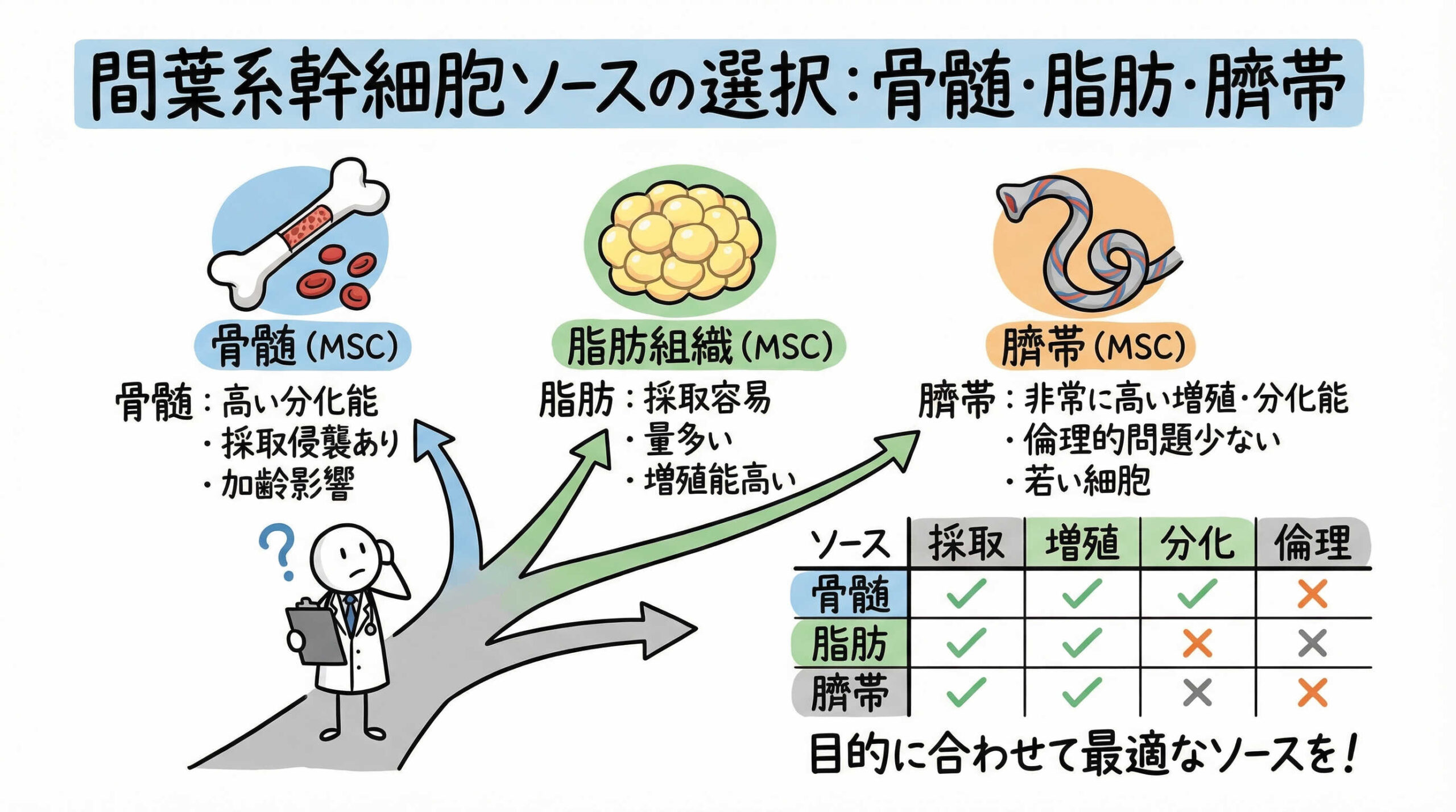 細胞起源（ソース）による特性の違いと臨床研究における使い分け