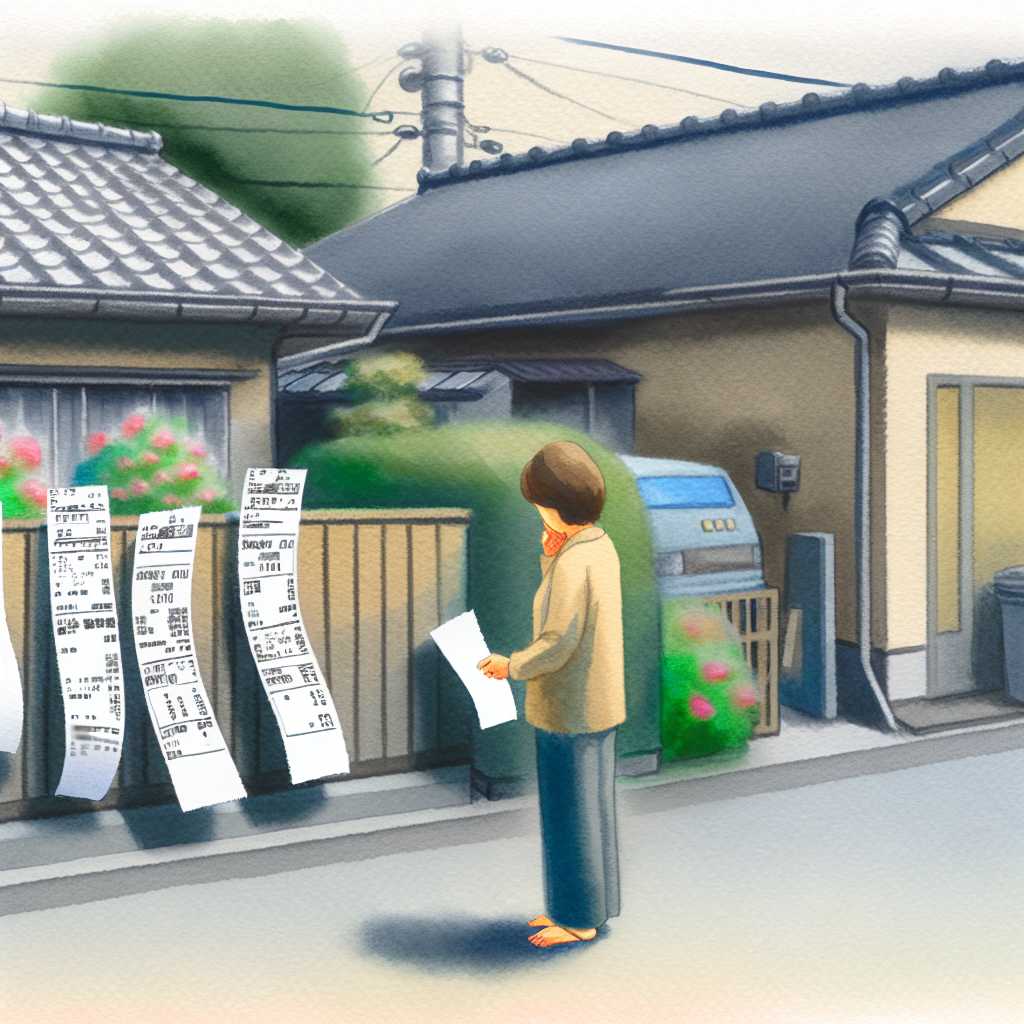さいたま市の戸建て住宅の前に立つ家主が、手に持った食料品のレシート、高額の公共料金の請求書、及び修繕費の見積もり書を見つめる様子を描いています。