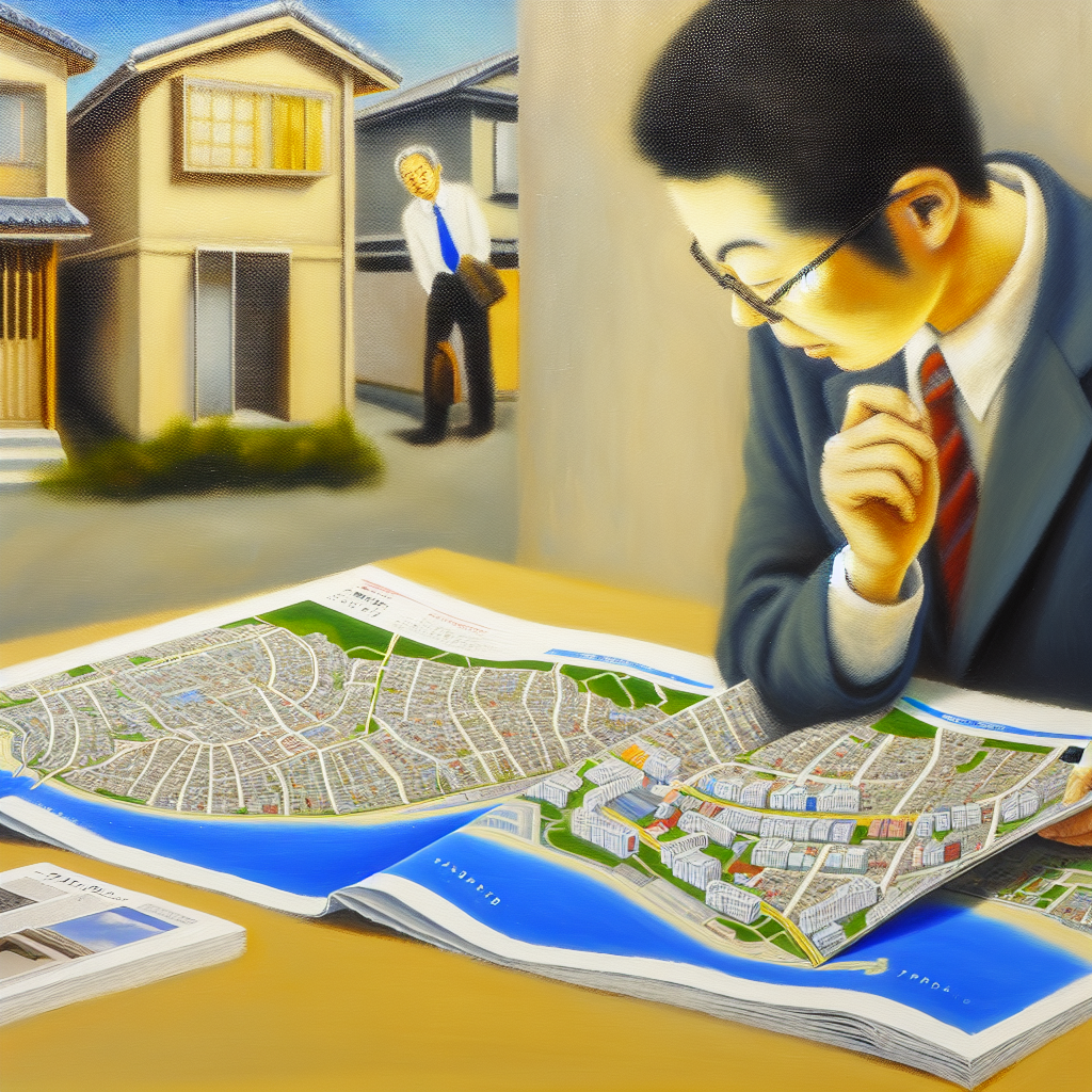 不動産エージェントが川崎市の地図を見ながら建売住宅情報を調べ、クライアントに適した物件を探し出す様子を描いた画像。