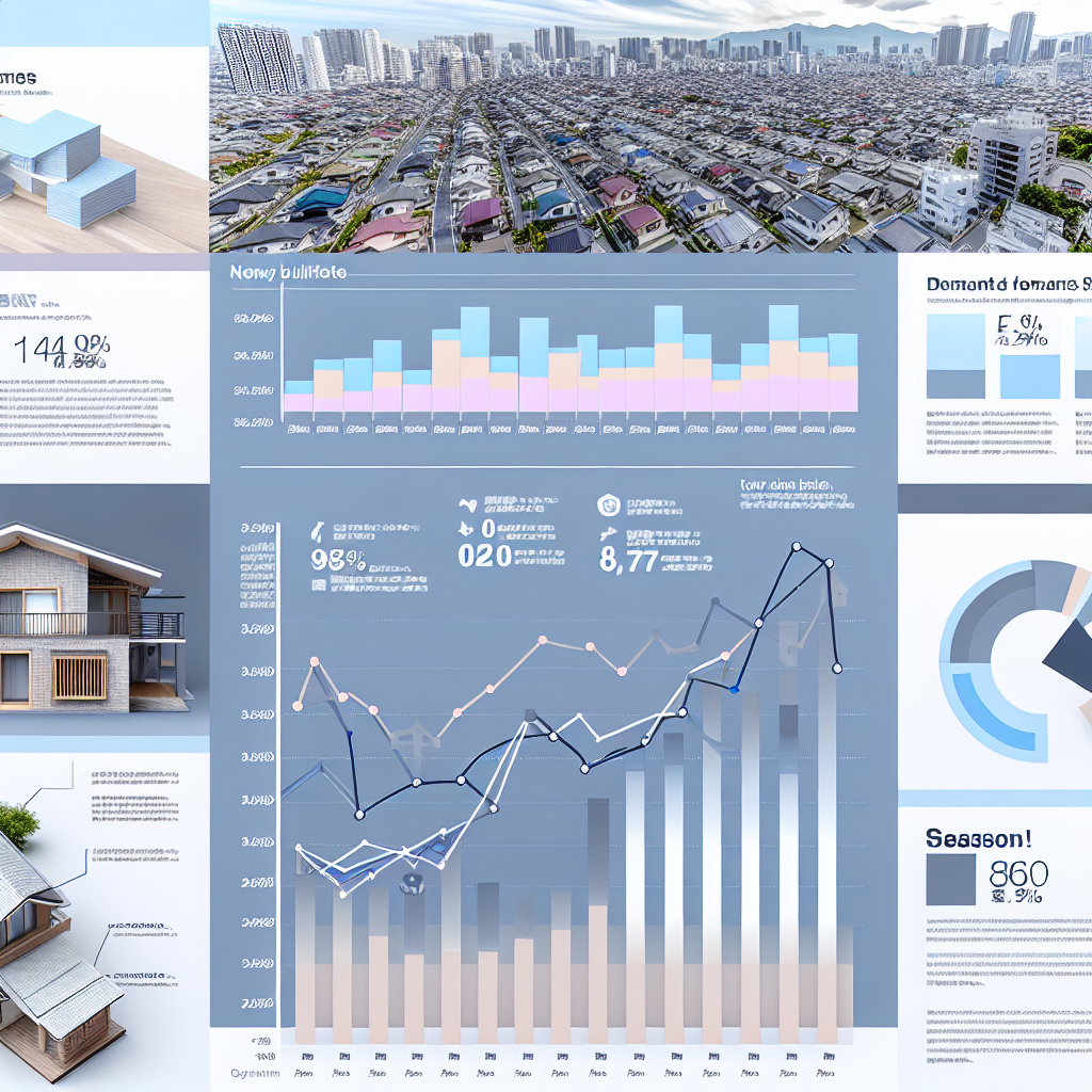 「川崎市の新築建売物件、住宅ローンの金利グラフ、季節ごとの需要変動を示すグラフ、そして考慮すべき要素を示すチェックリストが描かれた情報グラフィック」