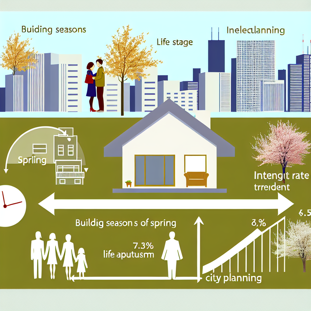 「春と秋の建築シーズンの新築住宅、家族のライフステージ、金利動向、都市計画、地域の開発状況を考慮した、川崎市の建売住宅購入の最適タイミングを表すイラスト」