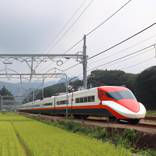 「新幹線が走る千葉の美しい自然風景を背景に、耐震性の高い新築の建売住宅が立ち並び、近くには大学や研究機関が点在し、広々とした家の中には新築ならではの清潔感と完成度が感じられる画像」