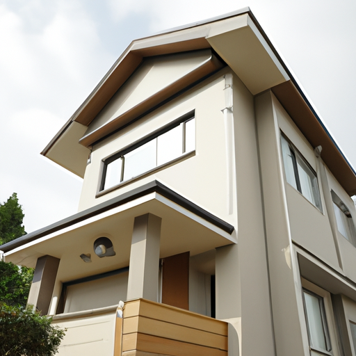 新築の一戸建て建売住宅が広々とした緑豊かな自然環境に囲まれ、その外観は地元素材を活かしたデザインで、地震に強い構造が見て取れ、その土地面積は約150平方メートル、家の間取りは4LDKで、家の入口には栃木県の工務店の看板が掛けられています。